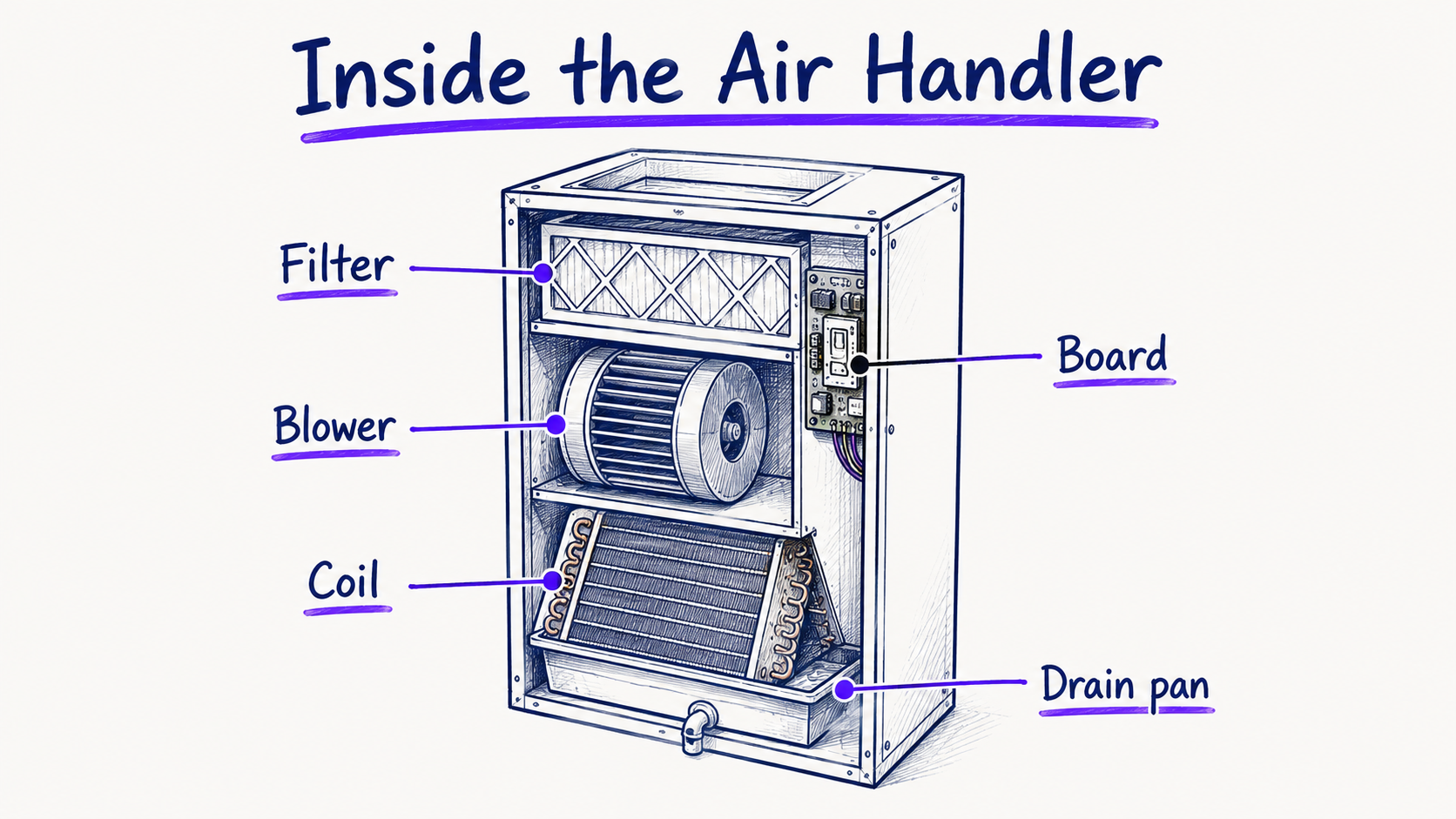 Whiteboard-style cutaway illustration of an air handler labeled with filter, blower, coil, board, and drain pan.
