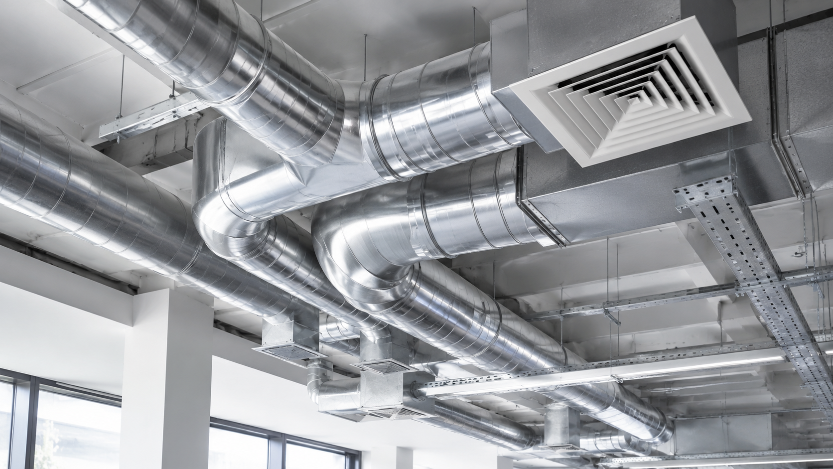 Commercial rooftop HVAC unit being serviced