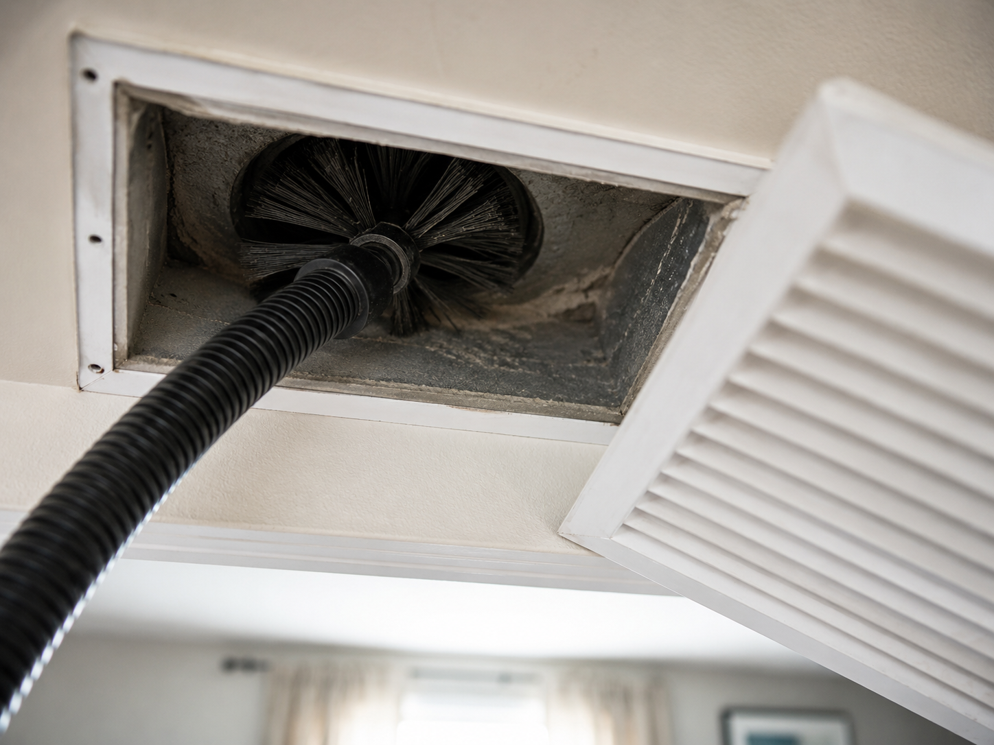 Duct cleaning brush inside an air vent